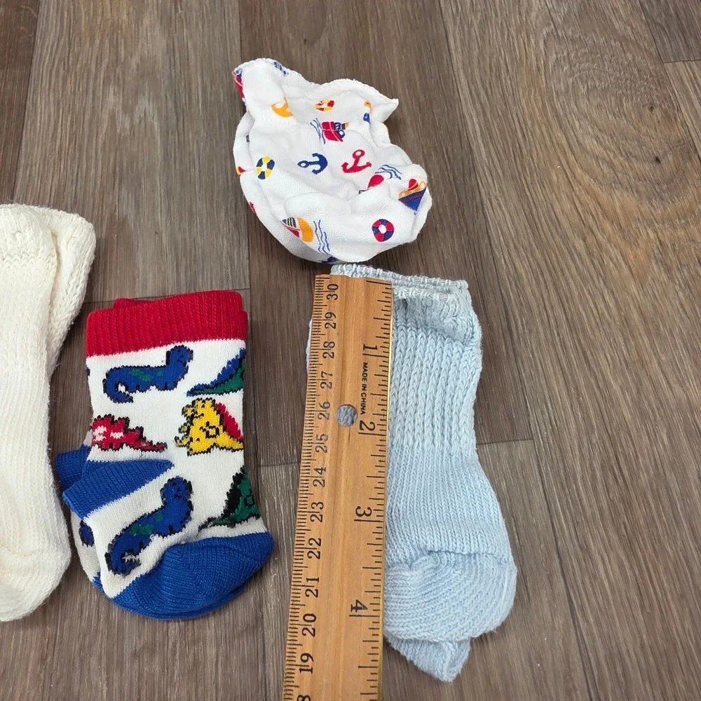 Vtg Baby Boy Sock &‎ Mitten Lot 5 Pairs Dinosaur Nautical Airplane Knit Booties